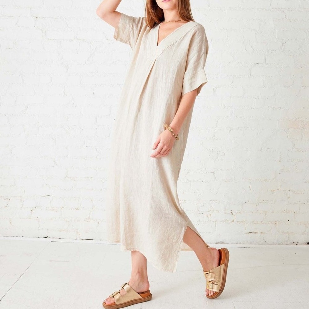 Mersea Linen Blend V-Neck Maxi Kaftan Dress Italy Kaftan Pockets